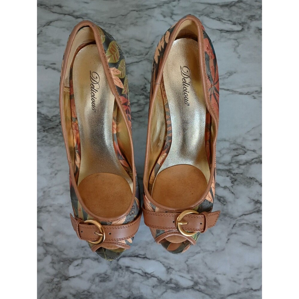 Delicious Fabric Woodsy Foliage Themed Peek Toe High Heel Shoes Size 9 - Picture 2 of 9